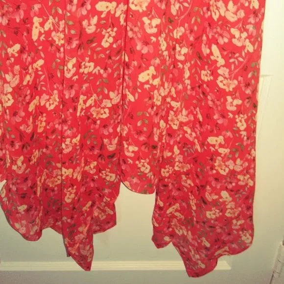 Sam Edelman Orange Coral Floral Sleeveless Smocked Handkerchief Hem dress Sz L - Picture 9 of 15